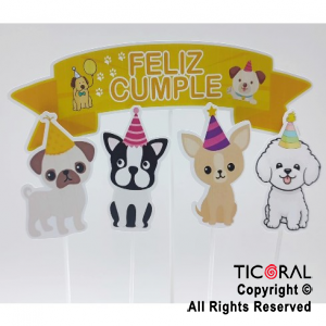ADORNO PINCHE PARA TORTA FELIZ CUMPLE PERRITOS x 5 UNIDADES